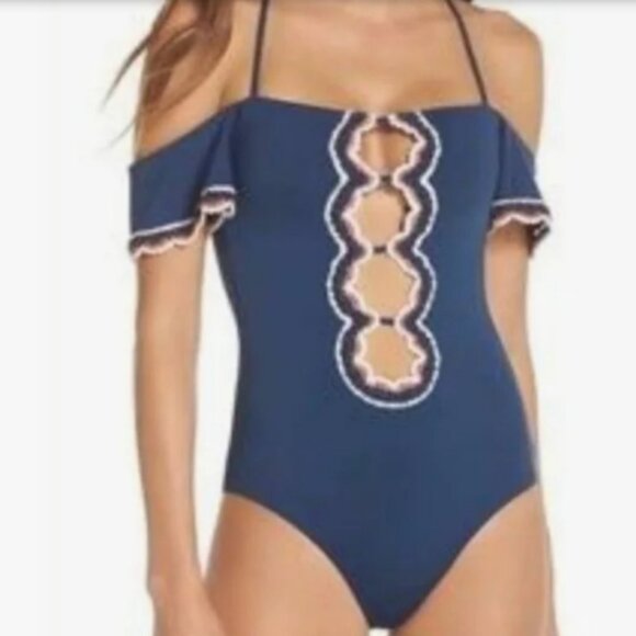 Becca by Rebecca Virtue Becca One Piece Embroidered Blue White Red Tag Size S/P - Picture 2 of 8